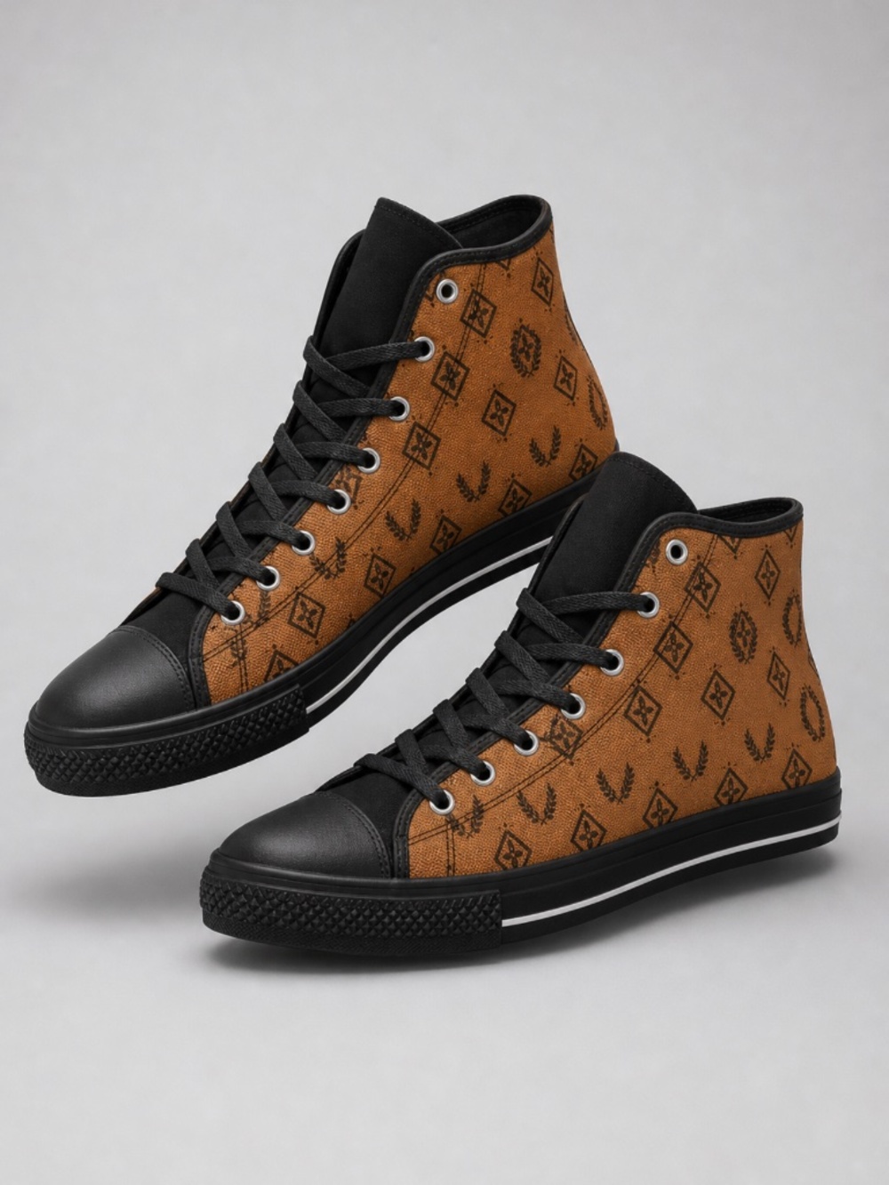 unisex Classic High-Top Sneakers — Brown Monogram Pattern